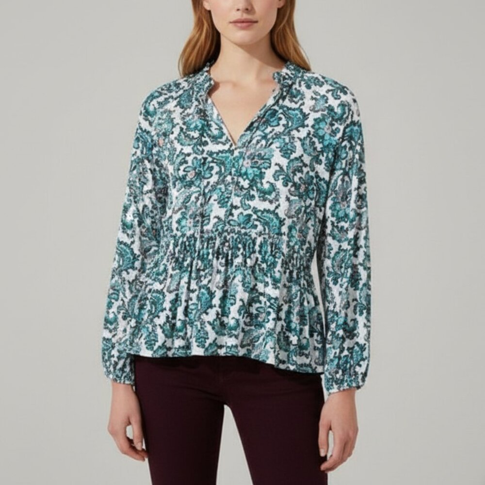 LOFT Whisper White Bohemian Dream Paisley Split Neck Peplum Blouse